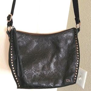 Black leather crossbody bag with tooling detail
